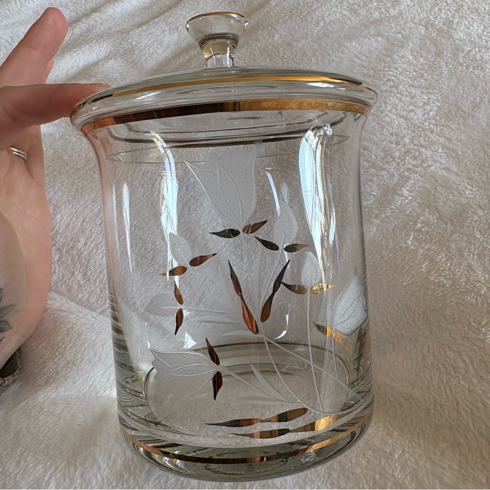 Crystal Romanian Gold Embossed Canister Etched Tulip Candy jar With Lid Floral - Picture 5 of 15